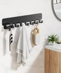 Wall Mounted Key Rack With 8 Hooks For Car Keys No Drill Adhesive Backing Or Screw Mount Heavy Duty Metal Key Organizer Black Finish Rust Resistant Easy Access Key Holder
