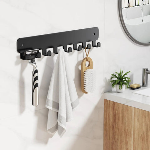 Wall Mounted Key Rack With 8 Hooks For Car Keys No Drill Adhesive Backing Or Screw Mount Heavy Duty Metal Key Organizer Black Finish Rust Resistant Easy Access Key Holder