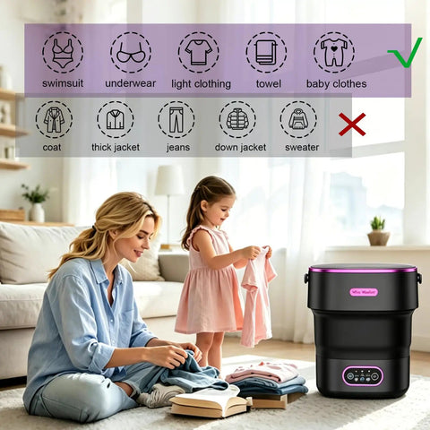 Boss Grade Portable Mini Washing Machine Foldable Layout for Apartments RVs and Dorm Rooms, mom and child folding clothes.