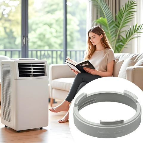 Round 5.9 Inch Portable Air Conditioner Exhaust Hose Coupler Window Adapter shown with AC unit in a living room setting.