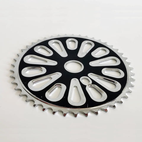 Wide Pedal Crank Kit One Piece Crank for Two Stroke Gas Motorized Bicycle 44 tooth sprocket in black, side view