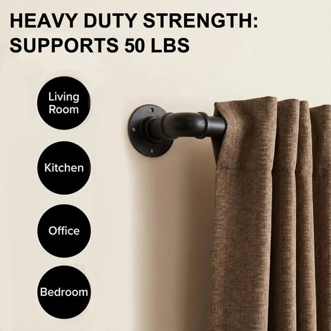 Industrial Black Curtain Rods 18 To 88 Inch Adjustable Length 1 Inch Diameter Pipe Wall Mount Supports 50 LBS