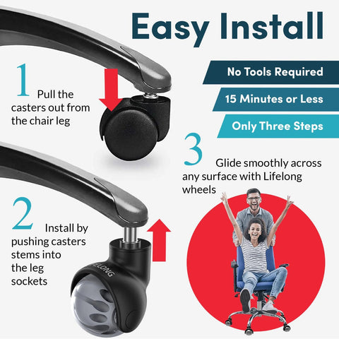 Easy install steps for heavy-duty office chair wheels
