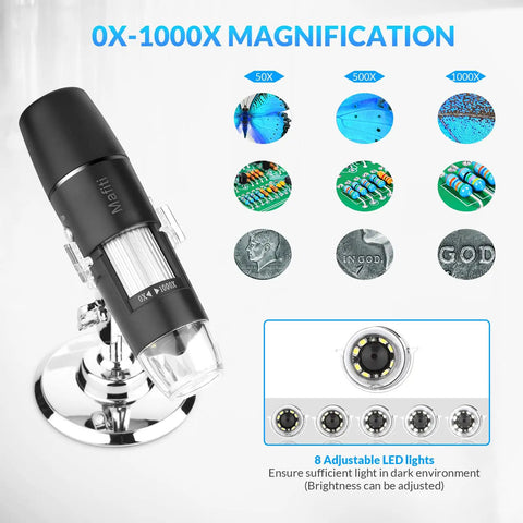 Wireless Handheld Digital Microscope for Kids and Adults, 50x to 1000x Magnification, 360 Degree Rotating Stand, Compatible With iPhone iPad Android Phones and Tablets, Portable, Great for Learning and Exploration. Black handheld microscope on stand with 8 LED lights.