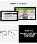 XT3 6 Inch Rugged Motorcycle GPS With Lean Angles And Group Rides, map display and dimensions, Signature Series Gift Pack.