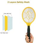 Powerful Handheld Bug Zapper For Home And Outdoors shown with 2 layer safety mesh and high voltage output diagram.