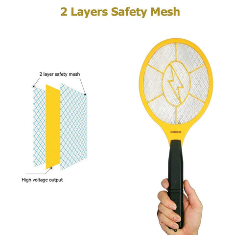 Powerful Handheld Bug Zapper For Home And Outdoors shown with 2 layer safety mesh and high voltage output diagram.