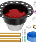 No Sweat Plug And Play Freestanding Tub Drain Kit With Brass Tailpiece, includes black drain assembly with accessories.