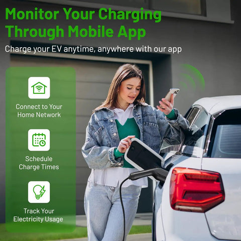Person using Level 2 EV Charger For Home Use Up To 48 Amp 240V Indoor Outdoor Fast Charging Station With App And WiFi Enabled EVSE