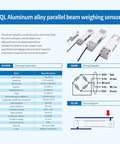QL aluminum alloy parallel beam weighing sensor product brochure with technical specifications and wiring diagram