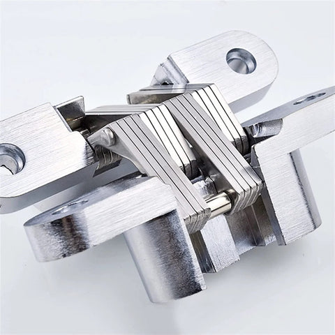 Close-up of heavy duty stainless steel concealed door hinges, 180 degree internal folding with hidden cross gemel style.