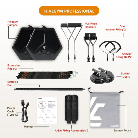 Portable Cable Strength Trainer With Three Resistance Modes And Fan Cooled Power Pump For Home Or Travel Workouts features multiple accessories and components.