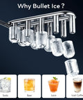 Bullet-shaped ice cubes from Beast Portable Ice Maker for home, kitchen, camping, RV, showcasing use in soda, beer, juice, coffee.