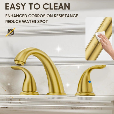Brushed Gold Widespread 8 Inch 2-Handle Bathroom Faucet With 3-Hole Setup And Metal Pop Up Drain Assembly Low Arc Sink Faucet shown.