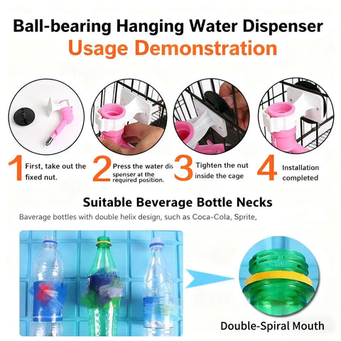 Ball-bearing hanging water dispenser installation steps for Zero Drama Pet Water Dispenser With Automatic Dog Kettle And Cat Bottle Stainless Steel Nozzle For Puppies Cats Rabbits And Small Pets Twist Lock Cage Bracket Totally Smooth Sipping Red Double Spout Stand.