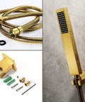 Top Shelf Ceiling Mounted Rain Shower System With 16 Inch Brushed Gold Heads Custom Led Colors And Smooth Touch Controls Hooked Up With Handheld Sprayer And Tub Spout showing gold handheld sprayer and hose.