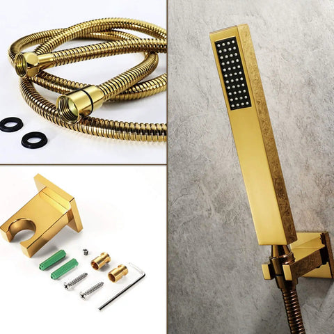 Top Shelf Ceiling Mounted Rain Shower System With 16 Inch Brushed Gold Heads Custom Led Colors And Smooth Touch Controls Hooked Up With Handheld Sprayer And Tub Spout showing gold handheld sprayer and hose.
