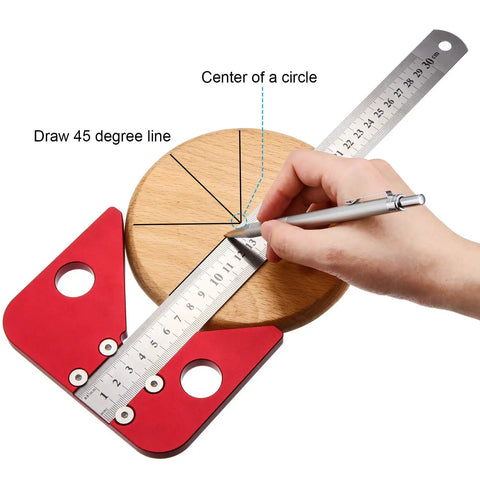 Aluminum Alloy Center Finder Square With 45 Degree Angle Guide Dead Center Layout Tool For Wood And Soft Metal Marking. User marking a circle.