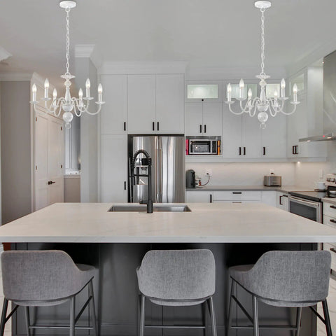 Kitchen with French Country Chandelier 6 Light Modern Farmhouse Vibe For Dining Room And Kitchen, Rustic White Metal Candle Style Pendant