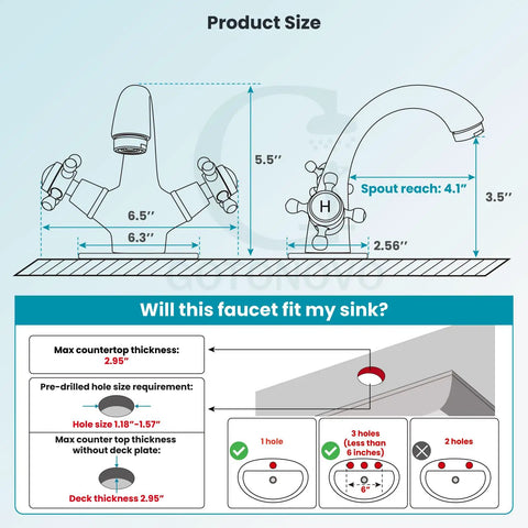 Diagram showing dimensions of the Matte Black Single Hole Bathroom Faucet With Cross Handles Lavatory Vessel Sink Mixer Tap No Fuss Install Pop Up Drain Deck Plate Solid Brass Build Anti Rust Finish Low Flow 1.19 GPM.