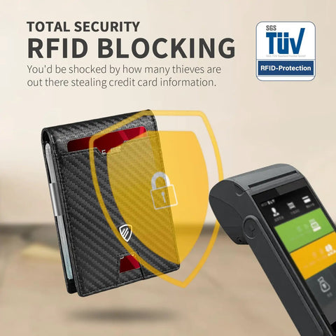 Ultra Slim RFID Blocking Wallet With Money Clip For Men Bifold Card Holder That Fits About 11 Cards And Up To 15 Gift Box Included Minimalist Front Pocket Wallet For Everyday Carry shown with RFID protection and POS terminal.