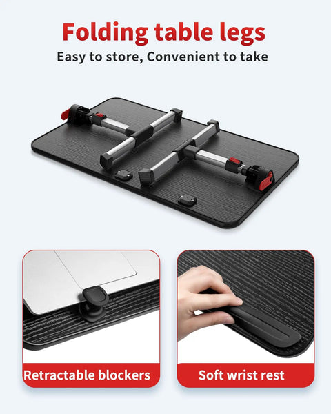 Folded view of Adjustable Laptop Desk Table with Foldable Legs Portable Lap Desk for Sofa Bed or Floor, showing retractable blockers and soft wrist rest.