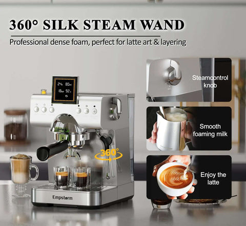 20 Bar Espresso Machine With Steam Milk Frother, Stainless Steel Coffee Maker With LED Display, showcasing milk frothing in use.