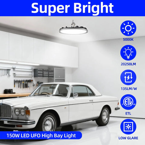 Brighten Up Your Warehouse With 150W UFO LED High Bay Light 20250 Lumens 5000K Daylight Energy Saving For Warehouse Shop Factory IP65 Waterproof 100 To 277V Equivalent To 450W MH HPS 2 Pack