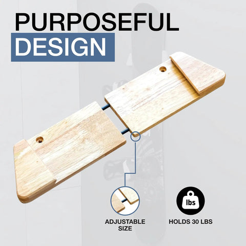 Sturdy Solid Wood Snowboard Rack Wall Mount For Home Or Garage Featuring Adjustable Width And Tight Grip Supports Holding Up To Thirty Pounds Hella Smooth Gear Storage adjustable wood rack detail.
