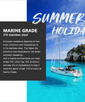 Sailboat on clear water with text: Marine Grade 316 stainless steel, highlighting corrosion resistance, summer holiday theme.