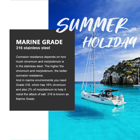 Sailboat on clear water with text: Marine Grade 316 stainless steel, highlighting corrosion resistance, summer holiday theme.