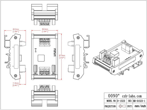 Technical drawing of USB DC5V Buck Converter for DIN Rail Mounting Dual 5V Outputs Up To 2.4A Each Or Single 4.8A, various views.
