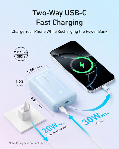 Road Ready 20000 Mah Portable Power Bank With Built In Usb C Port And 30 Watt Quick Charge 12.45 oz, two-way fast charging setup image.
