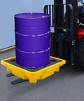 Spill Containment Pallet With Drain 26.4 By 26.4 By 5.9 Inches HDPE holding purple drum on forklift