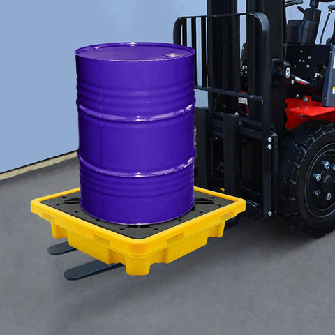 Spill Containment Pallet With Drain 26.4 By 26.4 By 5.9 Inches HDPE holding purple drum on forklift