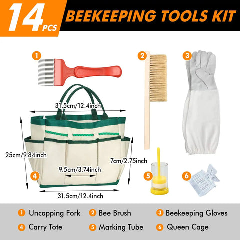 14 Piece Beekeeping Tools Starter Kit with tote, gloves, brush, and tools for daily hive maintenance and honey harvest
