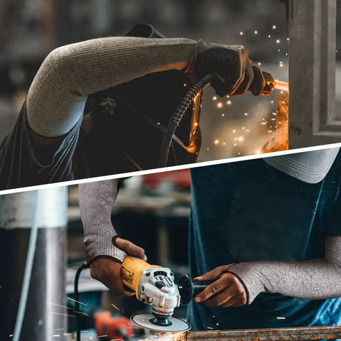 Person welding and using a grinder wearing cut resistant arm sleeves with thumb hole, heavy duty HPPE guard for various tasks.