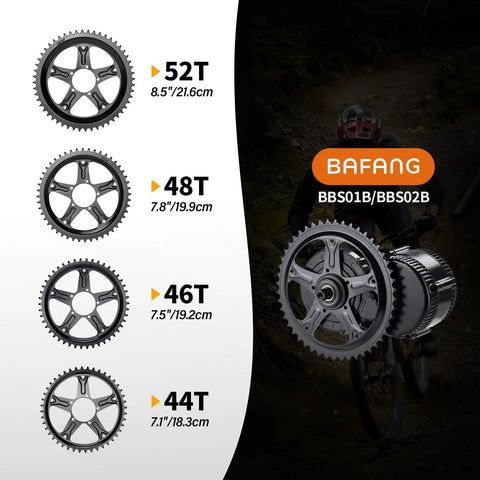 Comparison of Bafang chain rings for BBS01B/BBS02B, including 48T Chain Ring For BBS02B Mid Drive Motor E Bike Conversion Kit Replacement