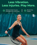 Tennis player using Max Sorb 3 Pack Tennis Dampeners for less vibration on court, showcasing comfort and control.
