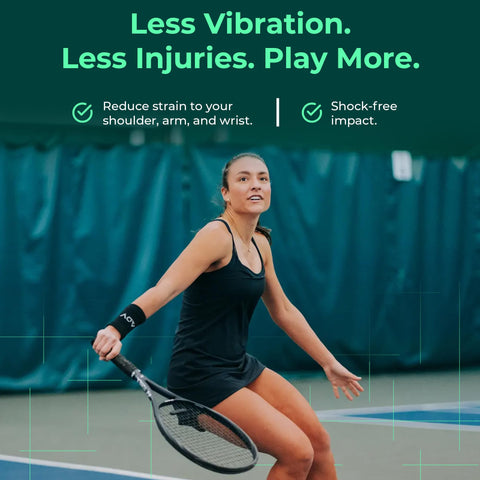 Tennis player using Max Sorb 3 Pack Tennis Dampeners for less vibration on court, showcasing comfort and control.