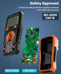 6000 Counts TRMS Digital Multimeter With NCV And Auto Ranging, showing internal circuit and safety fuses, IEC 61010 CAT III