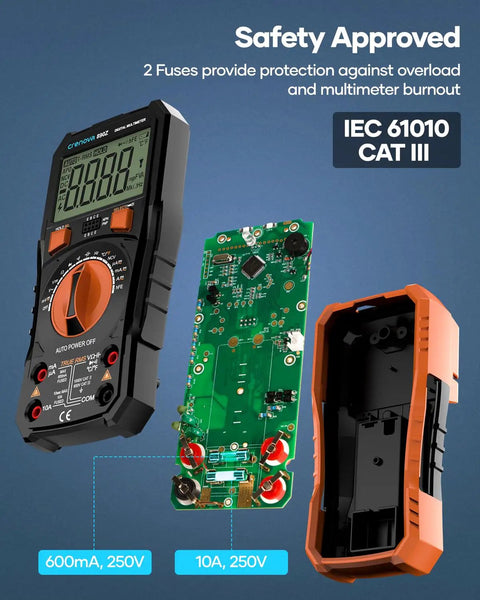 6000 Counts TRMS Digital Multimeter With NCV And Auto Ranging, showing internal circuit and safety fuses, IEC 61010 CAT III