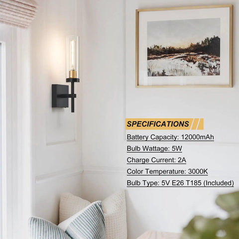 Battery Powered Wireless Wall Sconces With Remote Control Set Of 2 No Wiring Needed Black And Gold Dimmable Rechargeable LED Wall Lights For Easy Install In Bedroom Living Room Bathroom Hallway Entryway And Stairwell 3000K mounted on a wall with specifications listed