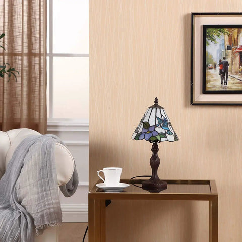 Hummingbird Tiffany Style Stained Glass Table Lamp Night Light With 8 Inch Shade And 15 Inch Tall Metal Base on side table