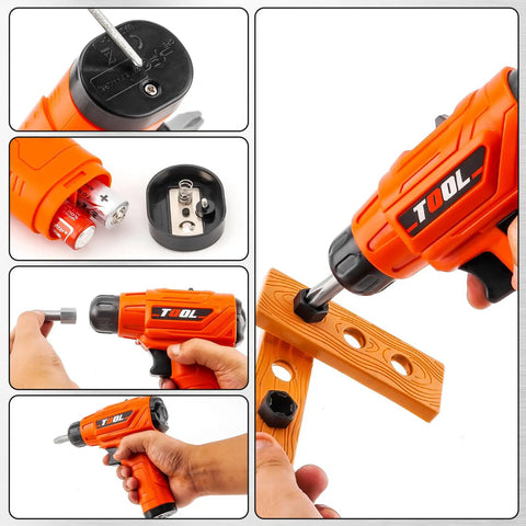 Realistic Kids Electric Drill Set For Ages 3 And Up, Pretend Play Power Drill with 3 interchangeable bits and wooden boards