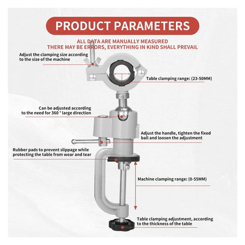 Detailed view of No Hassle 360 Degree Swivel Tool Holder Bracket And Table Vise Stand adjustment features with clamping range information.