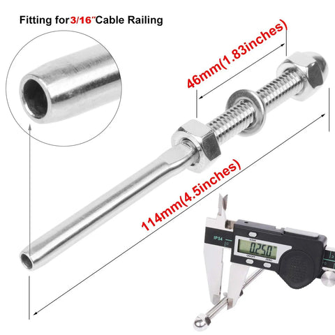 Close-up of 60 Pack Swage Threaded Stud End Fittings for 3/16 Inch Cable Deck Railing Hand Swage in 316 Stainless Steel