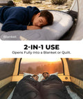 Lightweight 3lb Backpacking Sleeping Bag For Adults And Kids With Compression Sack, shown used as blanket and quilt in a tent.