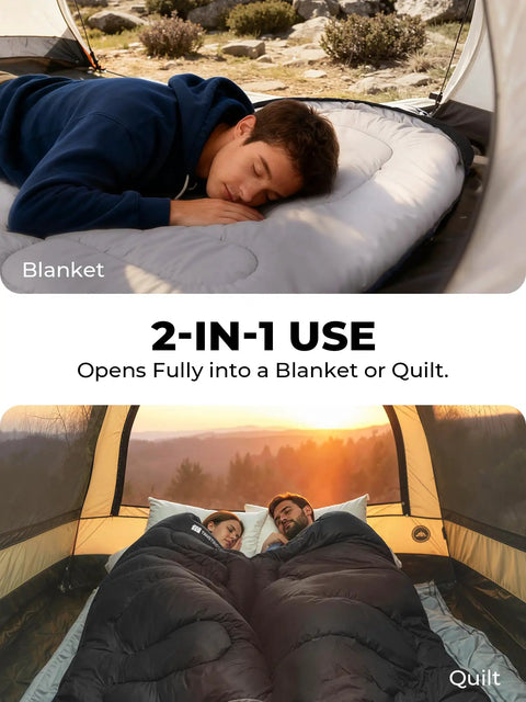 Lightweight 3lb Backpacking Sleeping Bag For Adults And Kids With Compression Sack, shown used as blanket and quilt in a tent.
