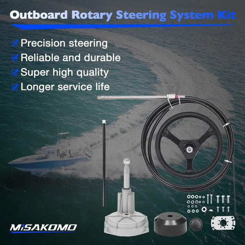 14 Ft Boat Steering Control Cable With 12.5 Inch Wheel Rotary Outboard System Kit displayed with yacht in background